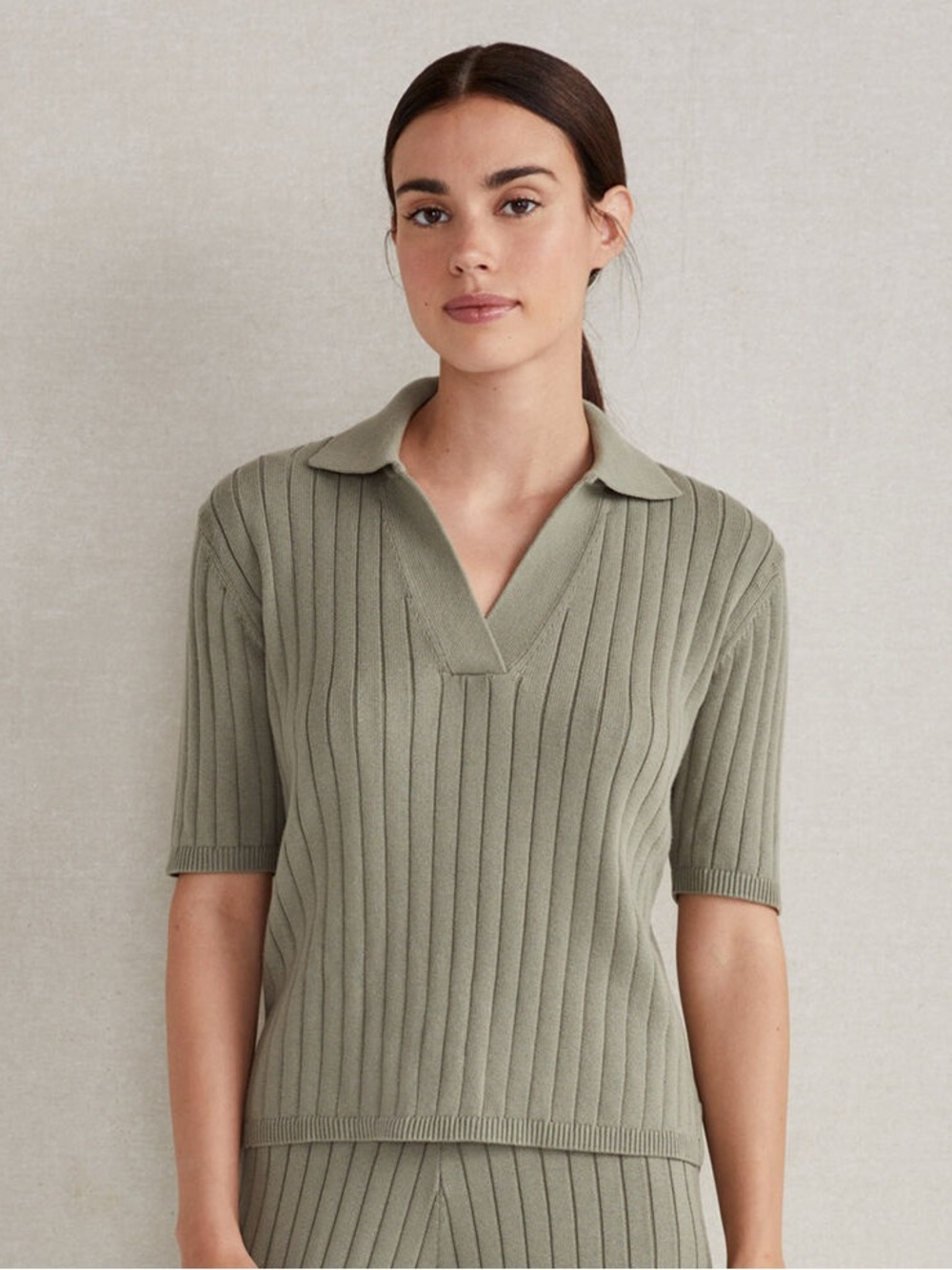 Haven Sage Green Ribbed Polo-Knit Short Sleeve Sweater Top